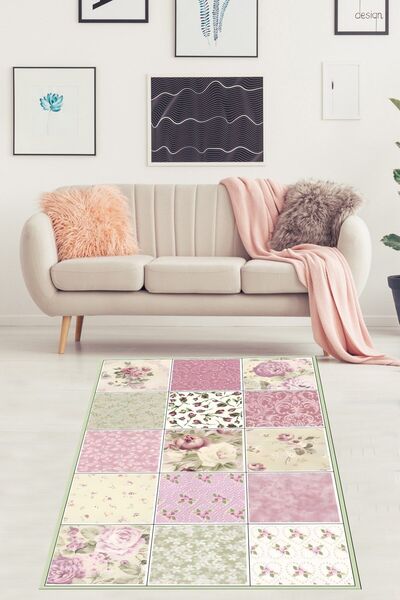 on the clouds Pembe Gül Karanfil Patchwork Desenli Yıkanabilir Kaymaz Taban L...
