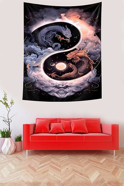 on the clouds Yin Yang Tigru Lup Dragon Luna Pânză rezistentă la pete Tapiserie Tapiserie Tapiserie