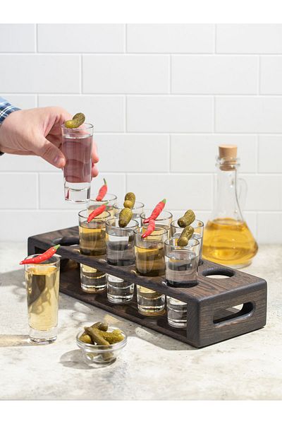 Esci Design 10-Piece Wooden Tequila Set - Presentation Stand - Beverage Stand - Retro Presentation
