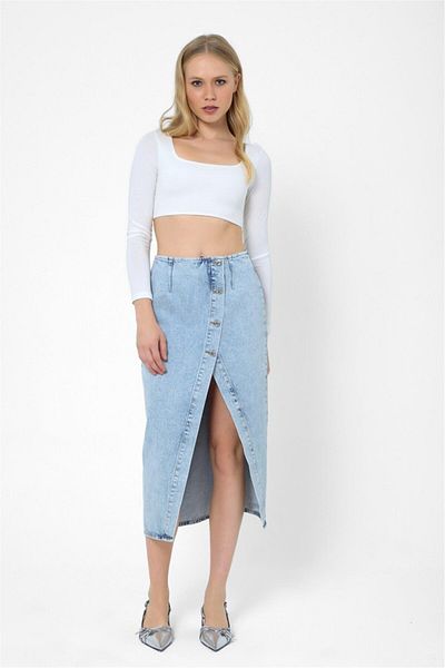 Lefon Fusta de damă albastră cu fantă asimetrică din denim - cu nasturi
