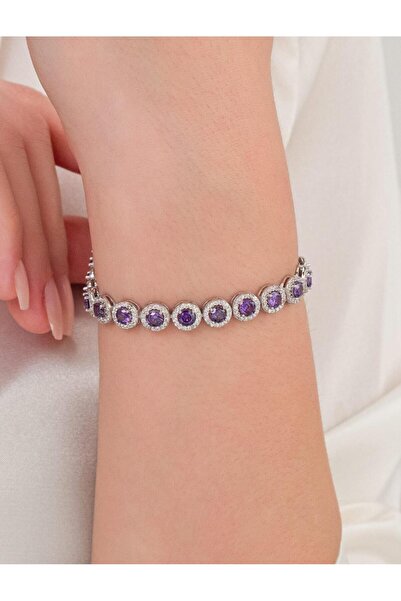 Tmt Silver Gümüş Yuvarlak Mor Ametist ve Zirkon Taşlı Rodyumlu Su Yolu Bileklik