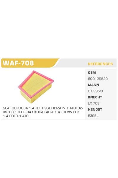 Winkel Waf-708 Air Filter Polo 01- / Cordoba 02-09 Ibiza 02-09 / Fabia 00-08 1.9 Tdı 1.4 Tdı 1.8t