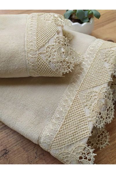 Modares Store Ottoman Velvet Towel Set - 2 Pieces, Needle Embroidered, Cappuccino 50x90 & 30x50