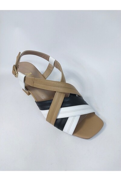 Mira Deri حذاء نسائي من الجلد الطبيعي بكعب 7 سم أسود-أبيض-قهوة الحليب