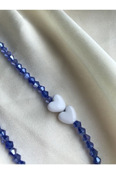 PEONY peonyofficiall Beyaz Kalp ve Mavi Kristal Boncuk Telefon Charmı