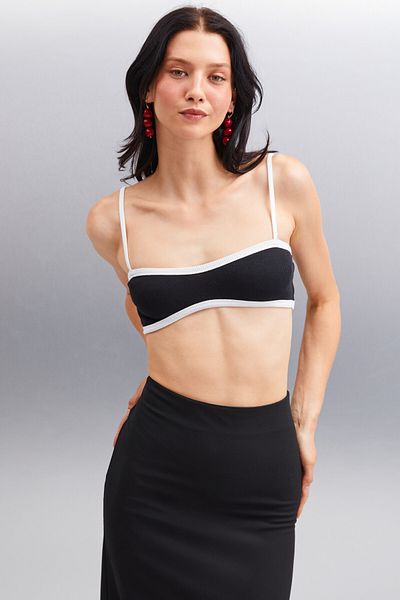 GRIMELANGE Rosalinde Women's Ribbed Stretchy Fabric Contrast Ribbed Black Bustier