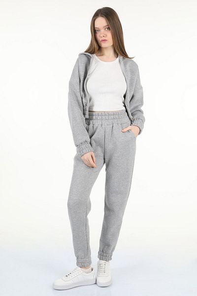 le mardi Hooded Zippered Crop 3 Thread Raised Women's Gray Tracksuit Set