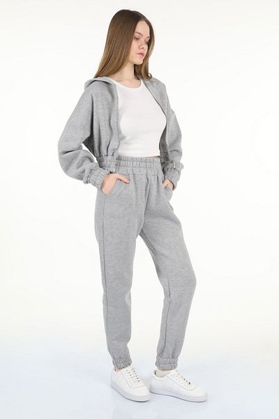 le mardi Hooded Zippered Crop 3 Thread Raised Women's Gray Tracksuit Set