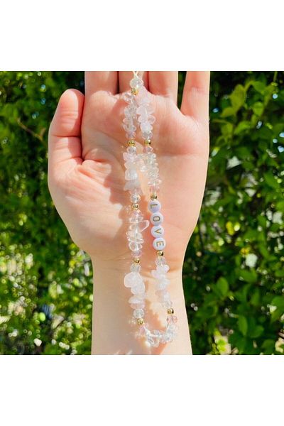 Stoneday Pink Quartz Moon Stone (Opal) Natural Stone Crystal Gold Detailed Phone Strap Accessory Lanyard