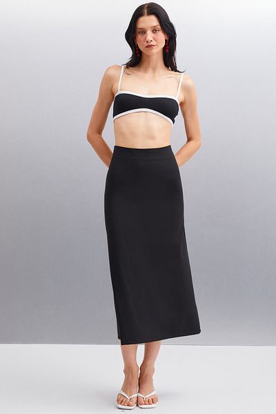 GRIMELANGE Rosalinde Women's Ribbed Stretchy Fabric Contrast Ribbed Black Bustier