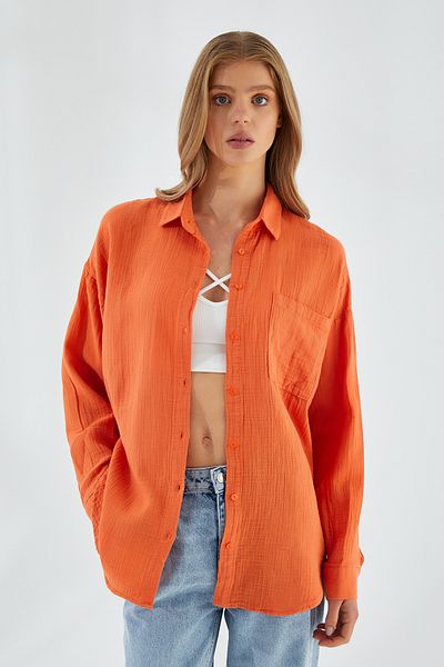 Mixray 3833 Women's Orange Oversize Pocket Muslin Shirt
