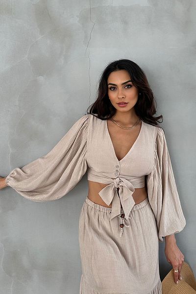 Ortaya Çık Balloon Sleeve Beige Seersucker blúz és szoknya szett - Bohemian