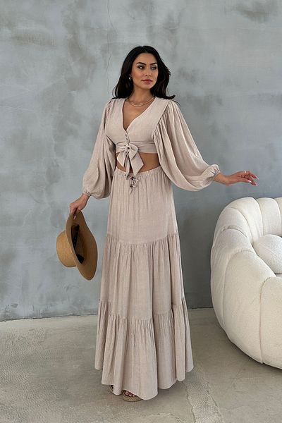 Ortaya Çık Balloon Sleeve Beige Seersucker blúz és szoknya szett - Bohemian