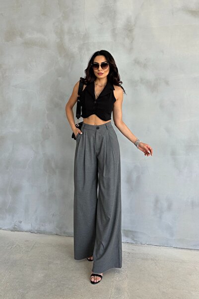 Ortaya Çık High Waist Anthracite Palazzo Trousers - Wide Leg