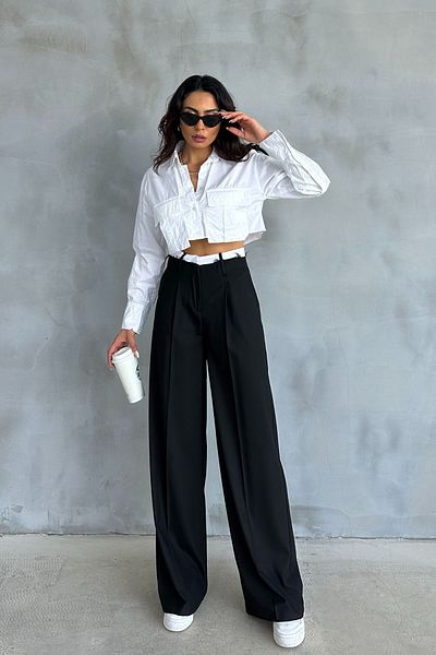 Ortaya Çık Black Palazzo Trousers - Double Belted Fabric