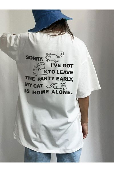 Coredra Tricou alb Leon The Cat Oversize pentru femei