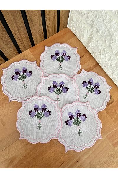 Nakışkonsept Set de 6 șervețele de cocktail brodate cu flori de lavandă
