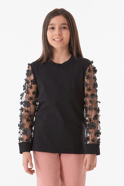 Fulla Moda Glittery Girl's Blouse with Flower Detail on the Sleeves