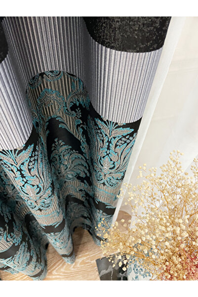 Brillant Siyah Turkuaz Damask Desen Jakar 1/3 Sık Pile Jakar Fon Perde