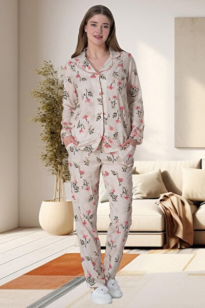 Lohussa Plus Size Powder Patterned Cotton Combed Cotton - Buttoned Long Sleeve Pajama Set