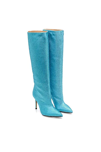 Sofia Baldi Valdemar Turquoise Satin Stone Women's Heeled Boots