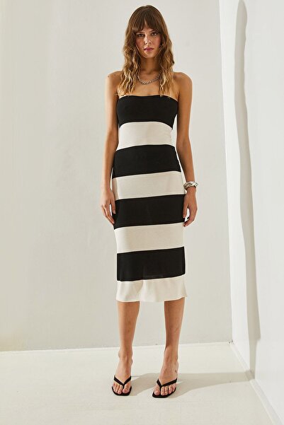 Bianco Lucci Μίντι φόρεμα χοντρό ριγέ στράπλες -24104760251406