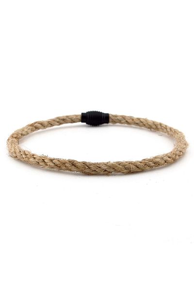 Solfera Men's Bracelet - Cream Color, Thin Rope, Black Metal, Magnet Single Row M054A