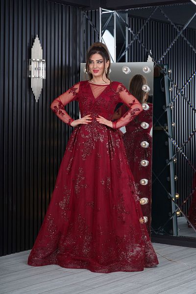Matik Abiyem Flexible Tulle Glitter Flock Printed V Sheer Low-cut Sleeves Long Transparent Long Evening Dress