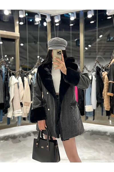 missswans Leksa Long Fur Lined Denim Coat