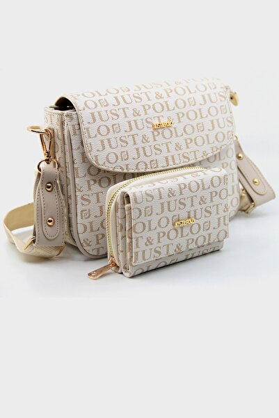 Just Polo Yeni Sezon Kolon Askılı 4 Bölmeli Krem Kadın Omuz Çantası ve Cüzdan...