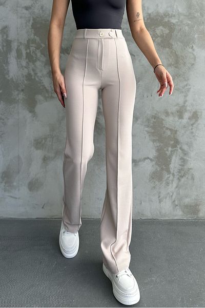 macharel jeans New Season Κρέμα παντελονιού Palazzo με διπλό κουμπί με ζώνη