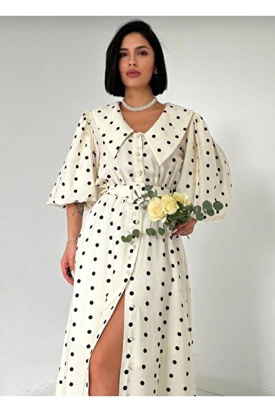 Nokta Bebe yaka puantiyeli kemerli balon kol açık olmayan elbise