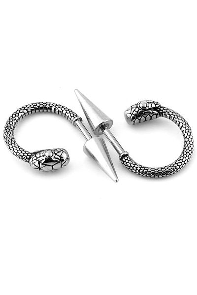 Solfera Men's Earrings - Snake Shaped, Pointed End, Stainless Surgical Steel, Half Hoop - ER111