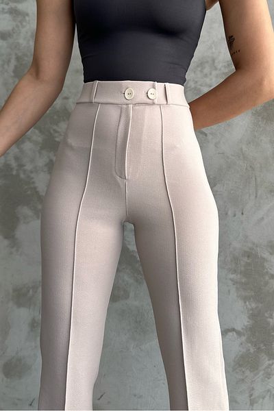 macharel jeans New Season Κρέμα παντελονιού Palazzo με διπλό κουμπί με ζώνη