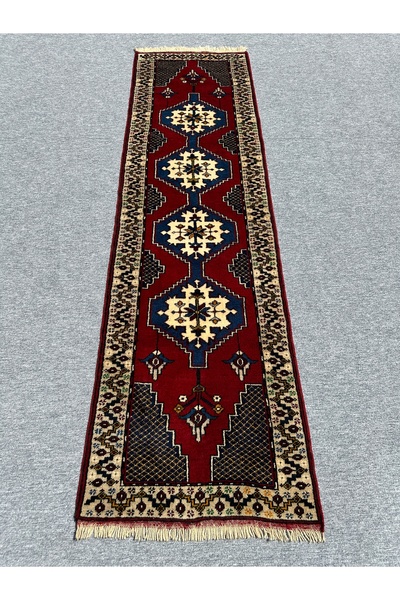 BURAK HALI El Dokuma Yahyalı Sıfır Yolluk 75x270 Lacivert Kırmızı %100 Yün Ka...