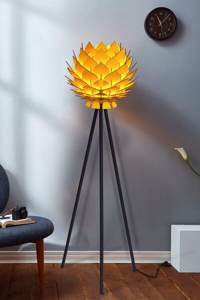 Design OTTO Lotus Metal Ayaklı Yerpuar Anahtarlı Ahşap Modern Tripod Üç Ayaklı Lambader Aydınlatma