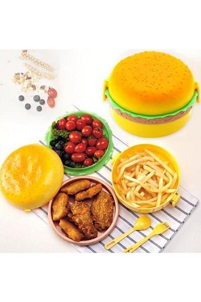 Bifirsat Hamburger Look Lunch Box Storage Container 3 Layers Fun Creative Lunch Box with Compartments
