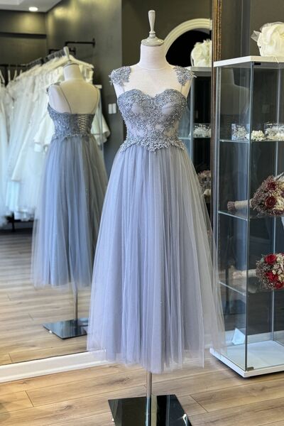 Lenta Moda Gri işlemeli Dantel Kaplamalı Abiye Elbise