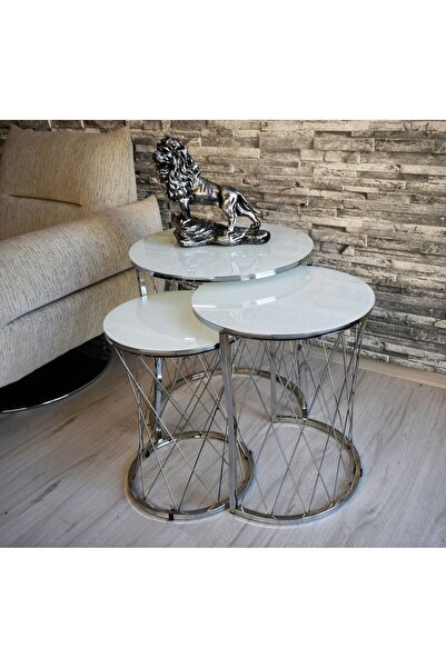 SEDAŞ LIVING UNITS 3 lü Hasır Model Beyaz (Temperli Cam) Gümüş Ayak Zigon Sehpa