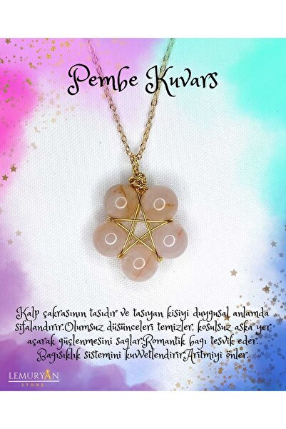 LEMURYANSTONE Orijinal Madagaskar Pembe Kuvars Pentagram Kolye