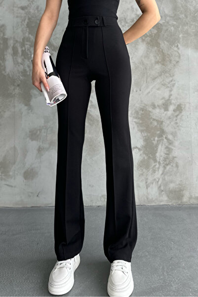 macharel jeans New Season Double Button Belted Palazzo Trousers Black