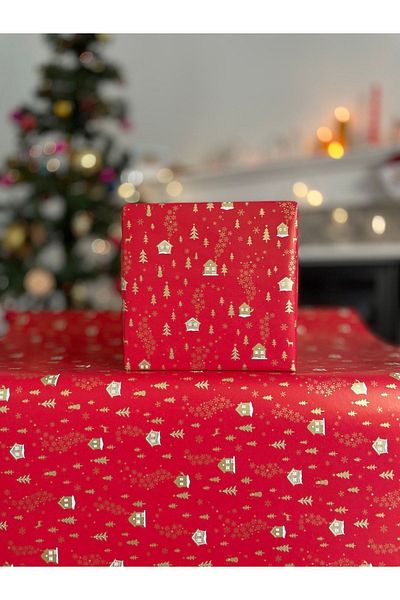 eylülün etiket fabrikası Gift Wrapping Paper - 5 M. Gold Patterned with Red Background - New Year Christmas New Year Wrapping Paper