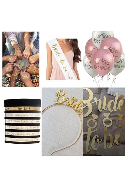Dizayn Parti Evi Bride To Be Seti 18 Parça 5 Geçici Dövme-5 Bileklik-1 Gold M...