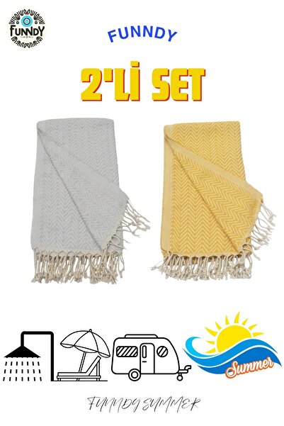 FUNNDY Set of 2 100% Cotton Peshtemal Beach Towels - XXL 100x180cm, Summer, Honey Yellow-Grey