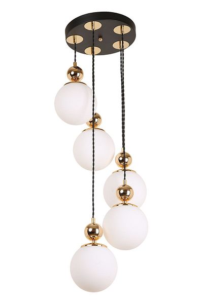 MŞ Aydınlatma Misket 5-Piece Black Gold White Glass Pendant Lamp Chandelier