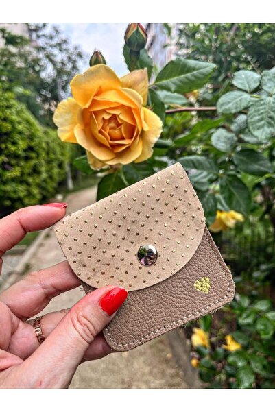 Pinkylola Kare Model Gold Kalpli Bej Nubuk & Koyu Vizon Hakiki Deri Airpod Kılıfı / Mini Bozuk Para Cüzdanı