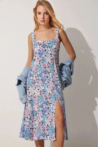 hazelin Ροζ Μπλε Floral Καλοκαιρινό Φόρεμα Βισκόζης - Τετράγωνος Γιακάς Hzl23s-bd 122821