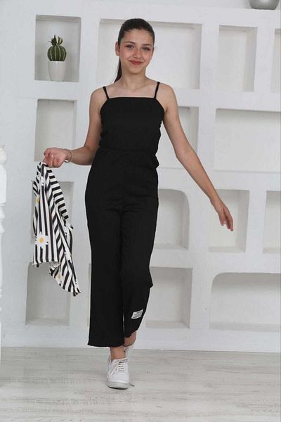 tanmodam Black Girl's Jumpsuit - Floral Pattern and Jacket
