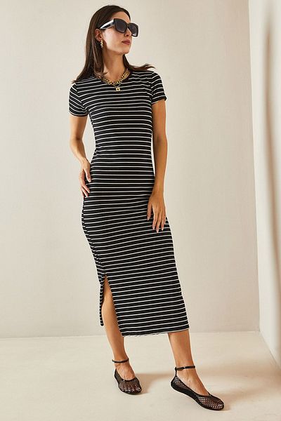 XHAN Striped Black Maxi Dress - Crew Neck 5YXK6-48676-02