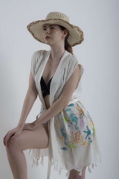 REİNA TEKS Beach Vest Pareo Belted Beachwear Peshtemal Undersea Patterned Beach Bathrobe 1 Piece